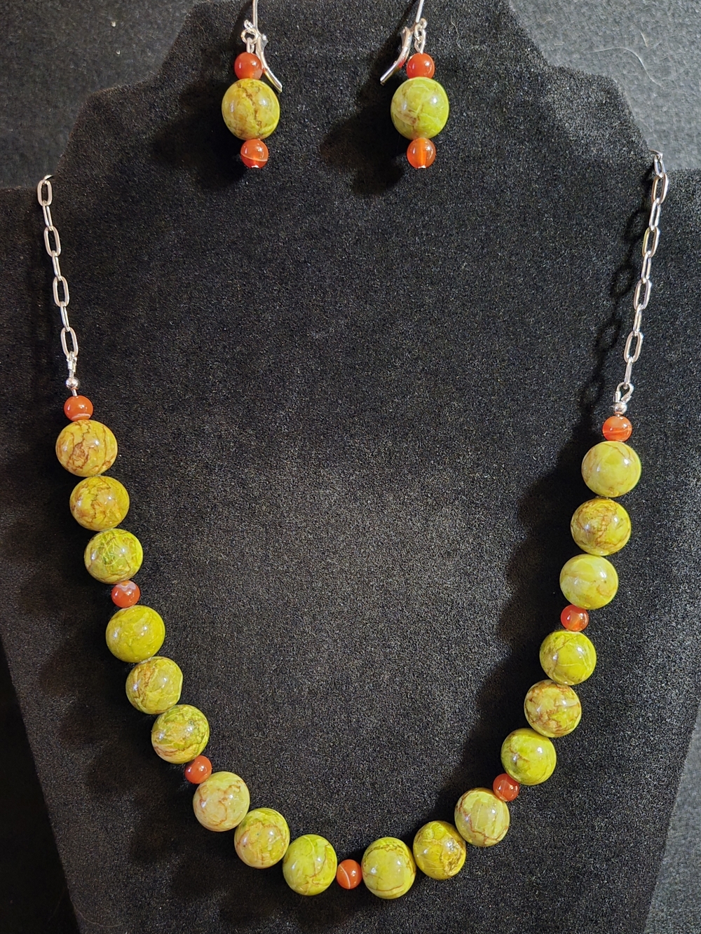 Artisan Lime Green Sea Sediment Jasper and Carnelian Necklace & Earring Set